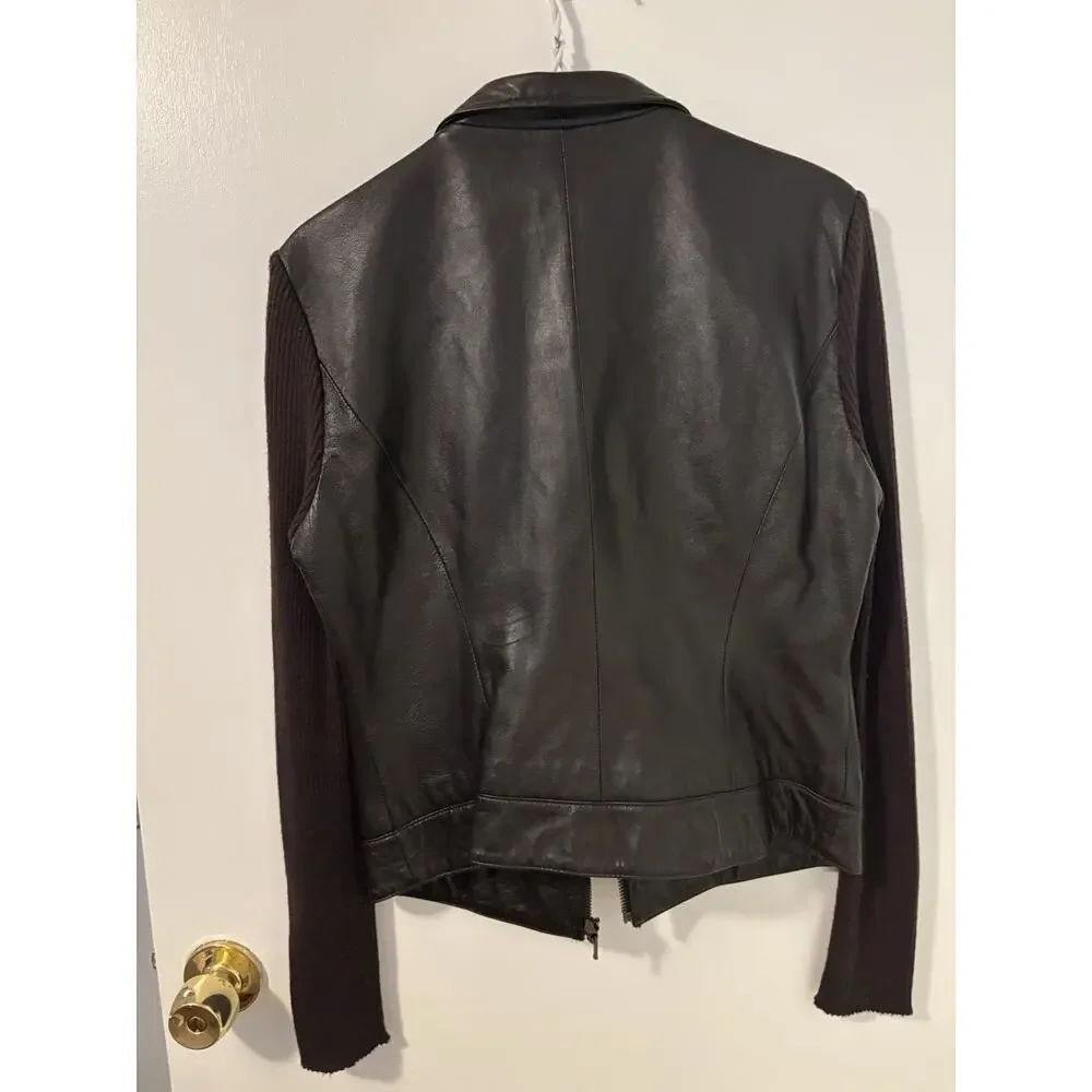 Cache Brown Leather Jacket Ribbed Knit Sleeves Boho Feminine Size L - Picture 5 of 6